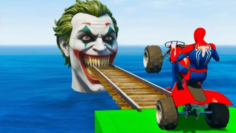 سبايدر مان اصعب دراجة نارية فوق اسماك القرش - Superheroes Ride on Motorcycle Stunt Funny Moments??