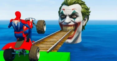 سبايدر مان اصعب دراجة نارية فوق اسماك القرش - Superheroes Ride on Motorcycle Stunt Funny Moments??