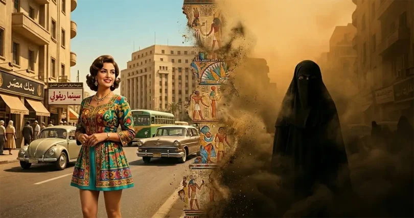 صورة تعبيرية توضح تغير الهوية المصرية وتأثير الرياح الصفراء والفكر الدخيل على ملابس وثقافة المرأة المصرية.
