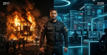 صورة من فيلم وثائقي عن الشرطة المصرية توضح الفرق بين أحداث 28 يناير 2011 والتطور التكنولوجي لعام 2026.