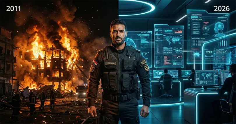 صورة من فيلم وثائقي عن الشرطة المصرية توضح الفرق بين أحداث 28 يناير 2011 والتطور التكنولوجي لعام 2026.