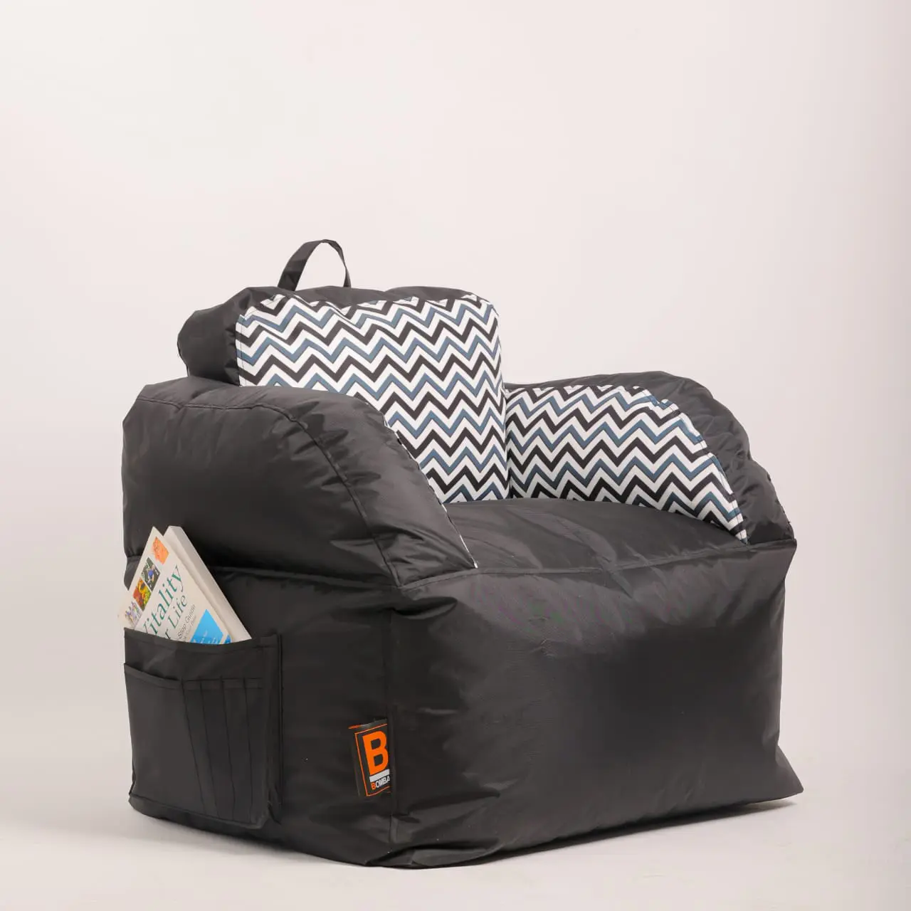 Bomba Now Bean Bag - Black Armchair Chevron Pattern Bomba Now black armchair bean bag with chevron pattern and side pocket - premium living room beanbag Egypt