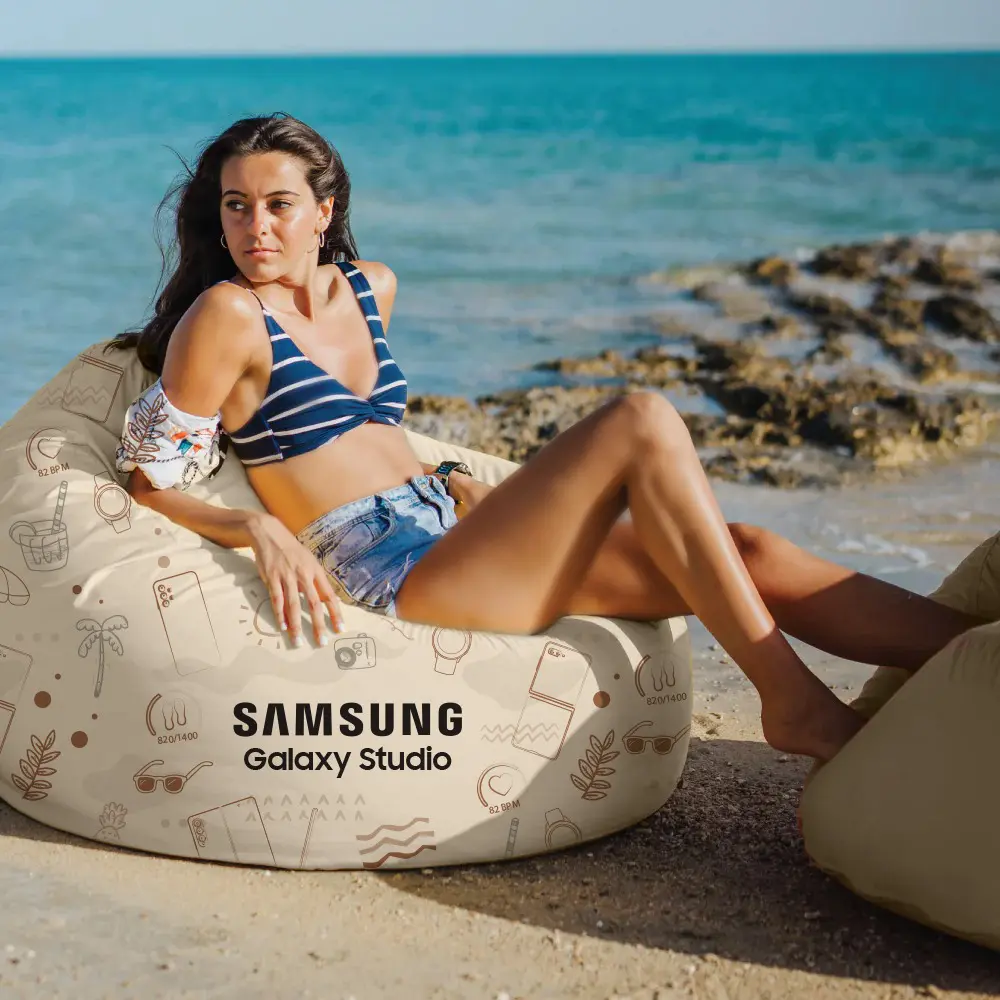 Bomba Now Bean Bag - Samsung Galaxy Studio Custom Branded Bomba Now branded bean bag - Samsung Galaxy Studio custom print beanbag - corporate branding partnership